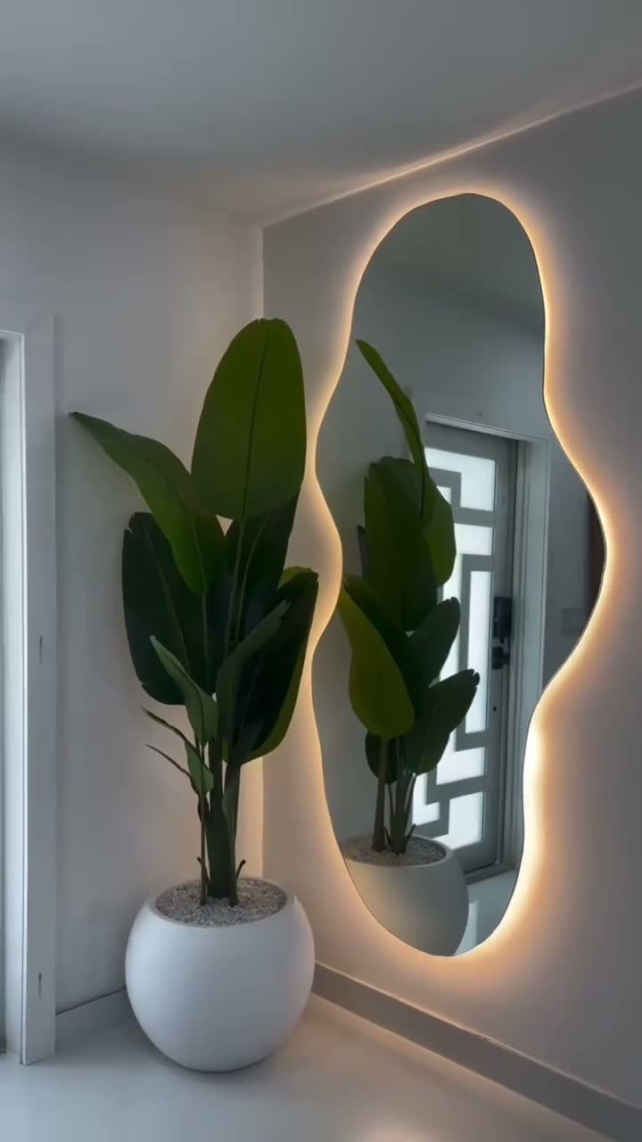 Artificial plant styling beside a backlit mirror